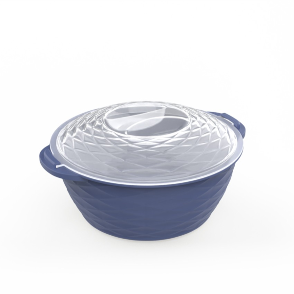 Bol rotund din plastic cu capac transparent convex izolat pe fundal alb.