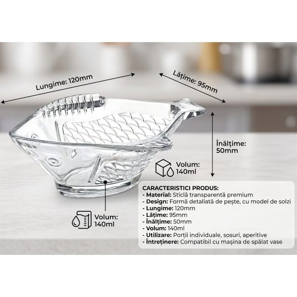Schiță tehnică cu dimensiunile bolului din sticlă în formă de pește: lungime 120 mm, lățime 95 mm, înălțime 50 mm și volum 140 ml.