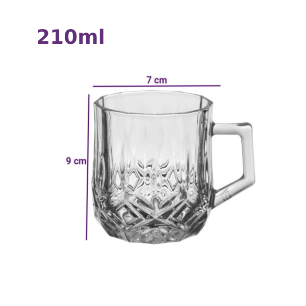 Schita tehnica cu dimensiunile cani din sticla: capacitate 210 ml, inaltime 9 cm si diametru 7 cm.
