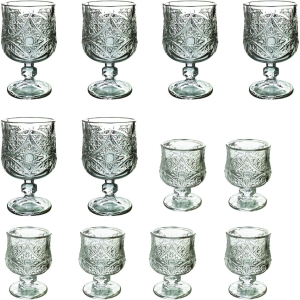 Set 12 pahare din sticla transparenta cu picior 150 ml si 50 ml model gravat retro pentru evenimente