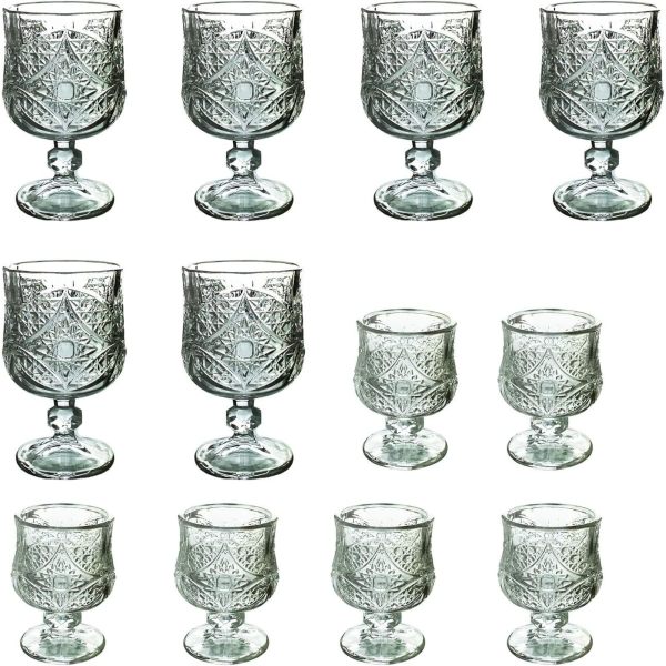 Ansamblu set 12 pahare din sticla transparenta cu picior (6 mari de 150 ml si 6 mici de 50 ml).